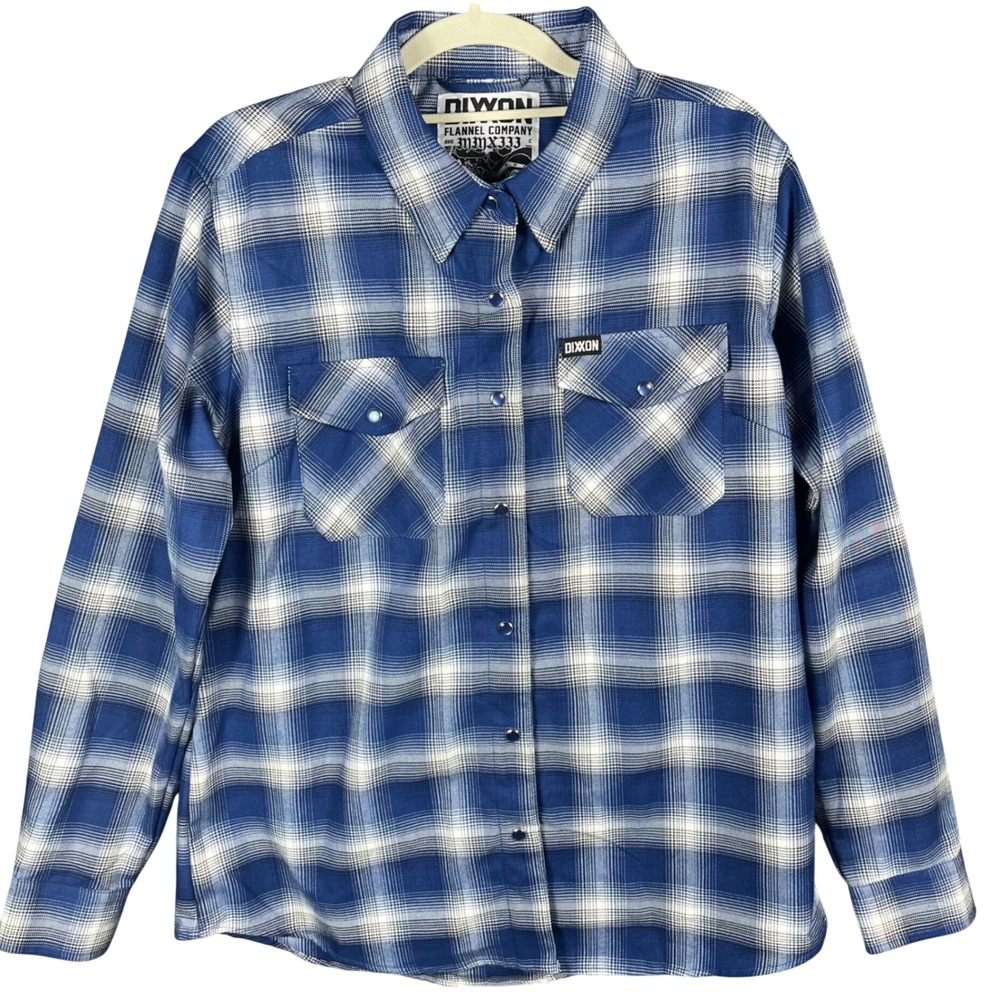 Dixxon Flannel Co Shirt Womens Large Blue White Plaid Deluxe D-Tech Button